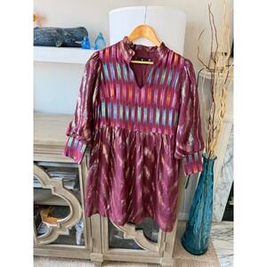 Emily Lovelock Metallic Ikat Mini Dress Women Burgundy S (D3)